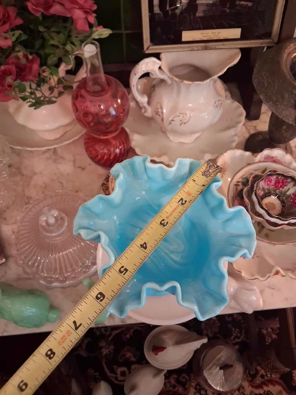 Fenton Blue Milk Glass Slag Hobnail Ruffled Compote